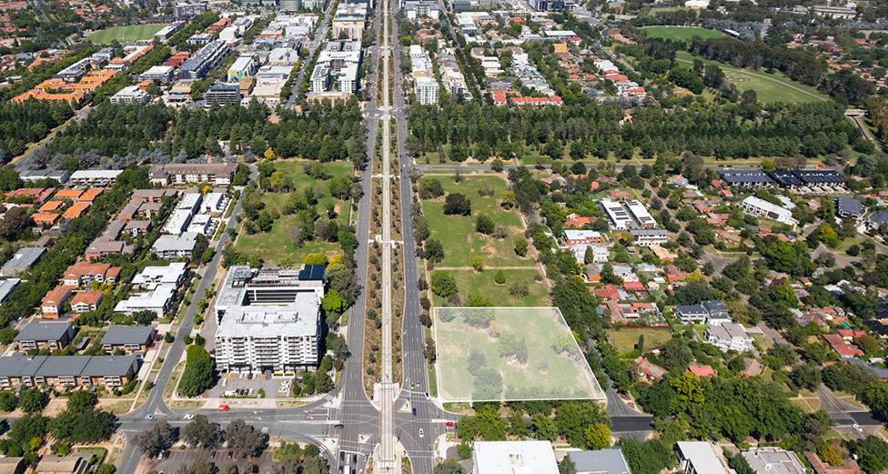 An overhead image of Canberra, with a square showing the site in Turner.