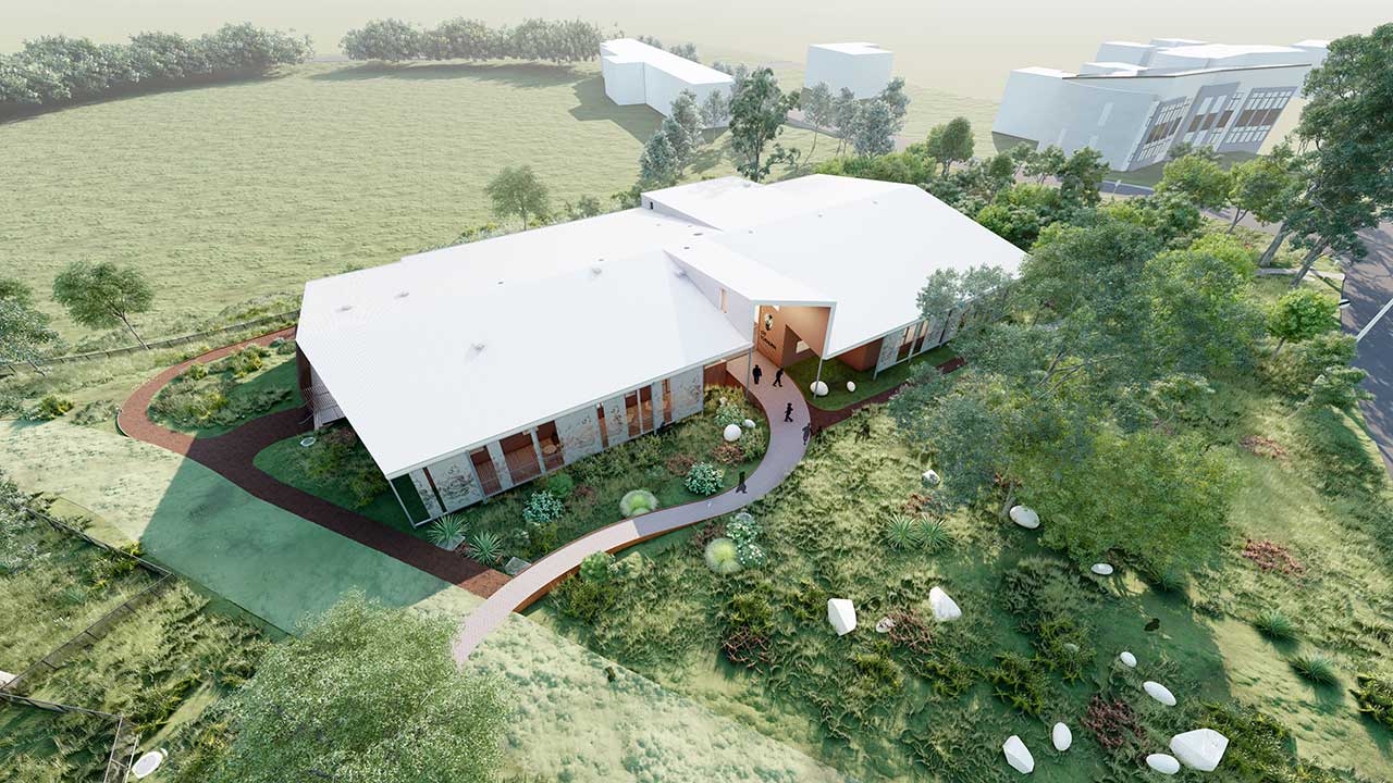 An aerial artist's impression of a new building surrounded by greenery.